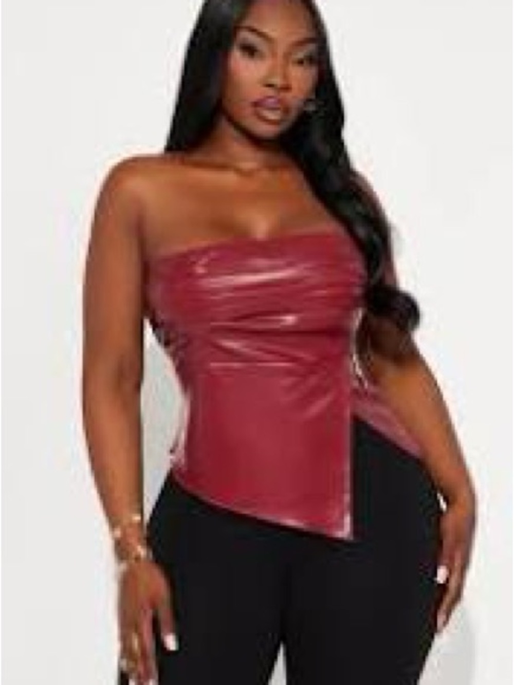 Fashion Nova Strapless Faux Leather Asymmetric Corset Top - Burgundy